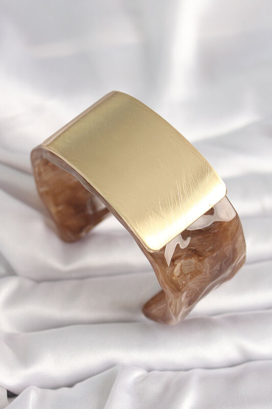Kahverengi Mermer Desen Akrilik Platik Gold Dikdörtgen Plaka Model Vintage Kadın Bilezik - EBJ250201W30899 - 1