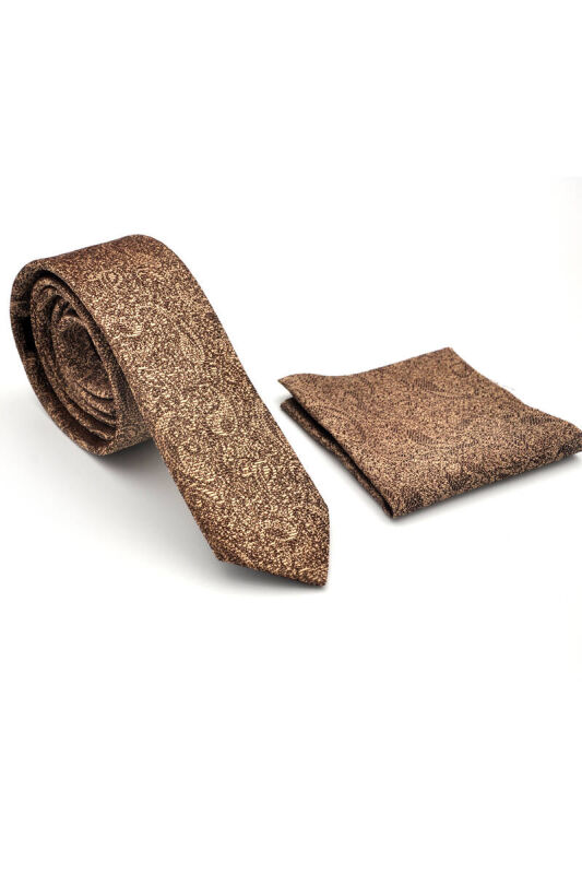 Altın Sarısı Şal Desenli Kahverengi Dokuma Kumaş Mendilli Slim Fit Kravat / SDK-230204 - 2