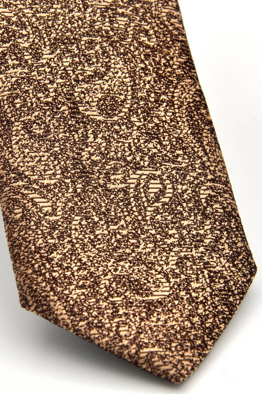 Altın Sarısı Şal Desenli Kahverengi Dokuma Kumaş Mendilli Slim Fit Kravat / SDK-230204 - 3