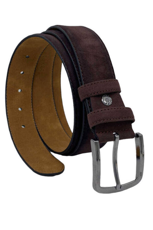 Kahverengi Süet Suni Deri Dikişli 4 cm.lik Klasik Kemer - 7400-809 - 1