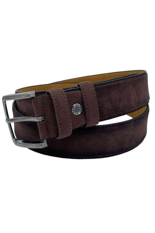 Kahverengi Süet Suni Deri Dikişli 4 cm.lik Klasik Kemer - 7400-809 - 3