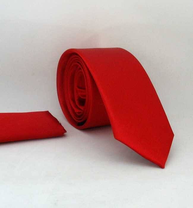 Kırmızı Slim Fit (ince) Düz Renk Mendilli Saten Kravat - SS-02 - 1
