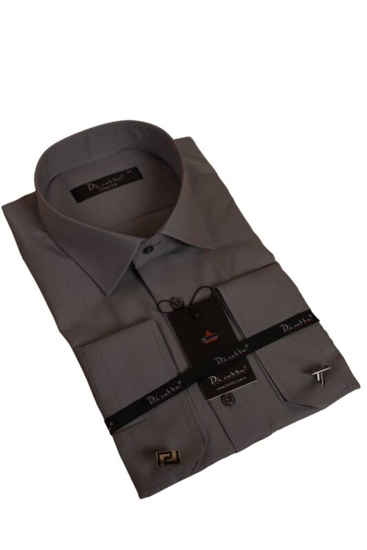 Koyu Gri Dar Kesim Micro Kumaş Kol Düğmeli Slim Fit Erkek Gömlek - 201-7 - 1