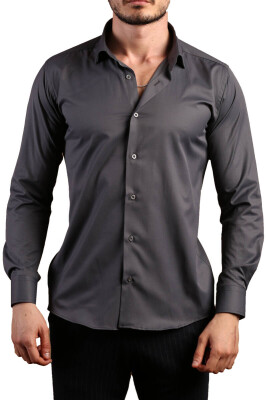 Koyu Gri Ekstra Dar Kesim Likralı Esnek Micro Kumaş Kol Düğmeli Slim Fit Erkek Gömlek - 195-7 