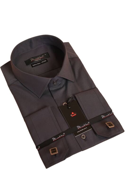 Koyu Gri Ekstra Dar Kesim Likralı Esnek Micro Kumaş Kol Düğmeli Slim Fit Erkek Gömlek - 195-7 - 1