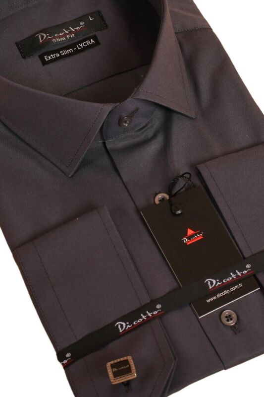 Koyu Gri Ekstra Dar Kesim Likralı Esnek Micro Kumaş Kol Düğmeli Slim Fit Erkek Gömlek - 195-7 - 2