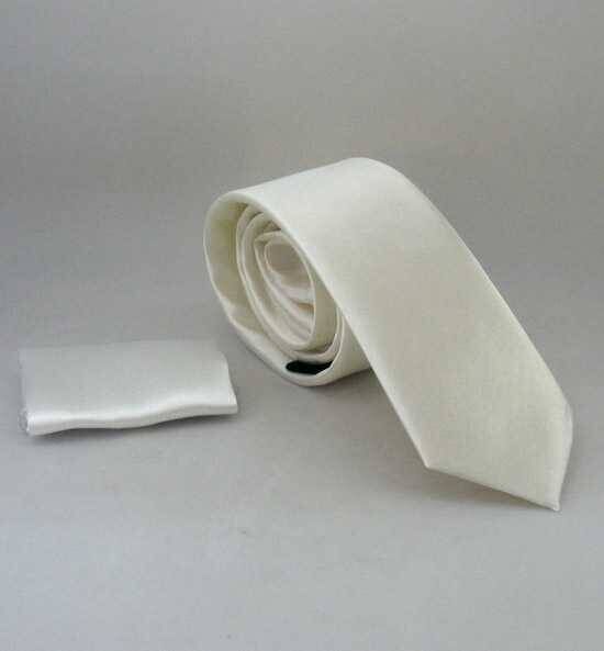 Krem Slim Fit (ince) Düz Renk Mendilli Saten Kravat - SS-33 - 1