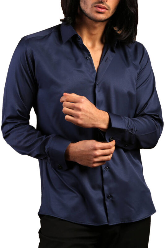 Lacivert Dar Kesim Micro Kumaş Kol Düğmeli Slim Fit Erkek Gömlek - 201-12 - 1