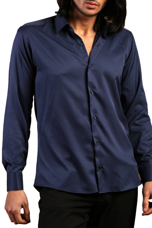 Lacivert Dar Kesim Micro Kumaş Kol Düğmeli Slim Fit Erkek Gömlek - 201-12 - 2