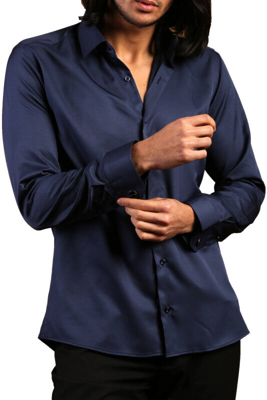 Lacivert Dar Kesim Micro Kumaş Kol Düğmeli Slim Fit Erkek Gömlek - 201-12 - 3