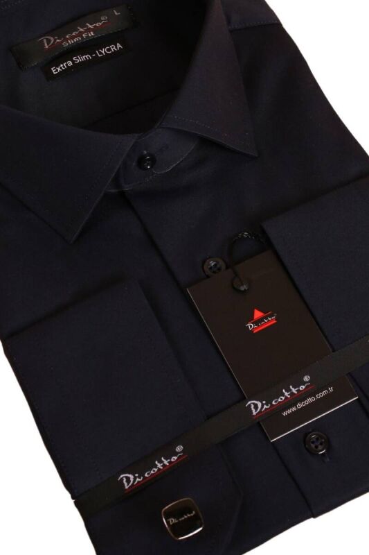 Lacivert Ekstra Dar Kesim Likralı Esnek Micro Kumaş Kol Düğmeli Slim Fit Erkek Gömlek - 195-12 - 2