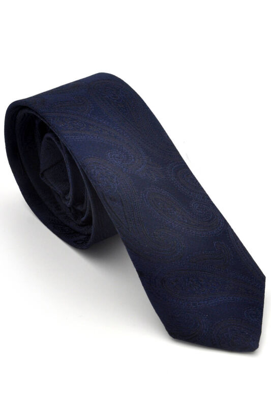 Lacivert Şal Desenli Dokuma Kumaş Mendilli Slim Fit Kravat / SDK-230202 - 1