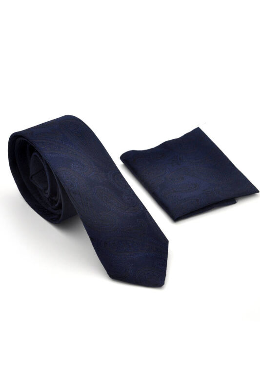 Lacivert Şal Desenli Dokuma Kumaş Mendilli Slim Fit Kravat / SDK-230202 - 2