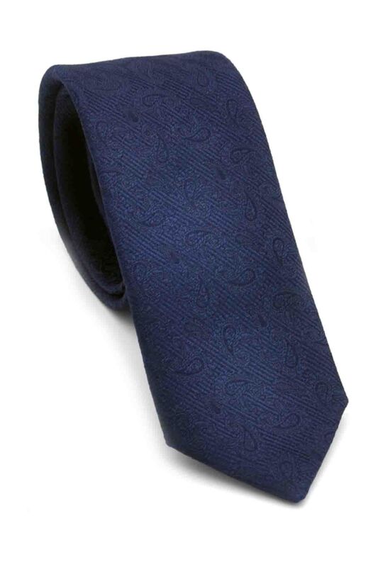 Lacivert Şal Desenli Dokuma Kumaş Mendilli Slim Fit Kravat // SDK-250202 - 1