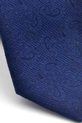 Lacivert Şal Desenli Dokuma Kumaş Mendilli Slim Fit Kravat // SDK-250202 - 3