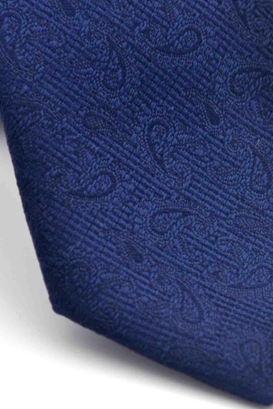 Lacivert Şal Desenli Dokuma Kumaş Mendilli Slim Fit Kravat // SDK-250202 - 3