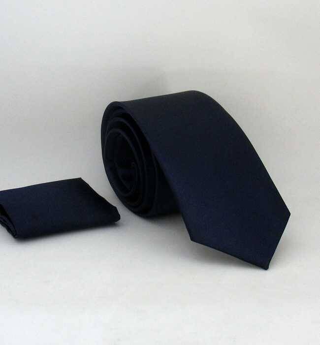 Lacivert Slim Fit (ince) Düz Renk Mendilli Saten Kravat - SS-24 - 1
