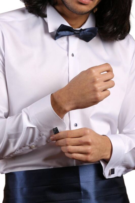 Beyaz Lacivert Taş Düğmeli Damatlık Ata Yaka Kol Düğmeli Slim Fit Smokin Gömlek - 008 - 3