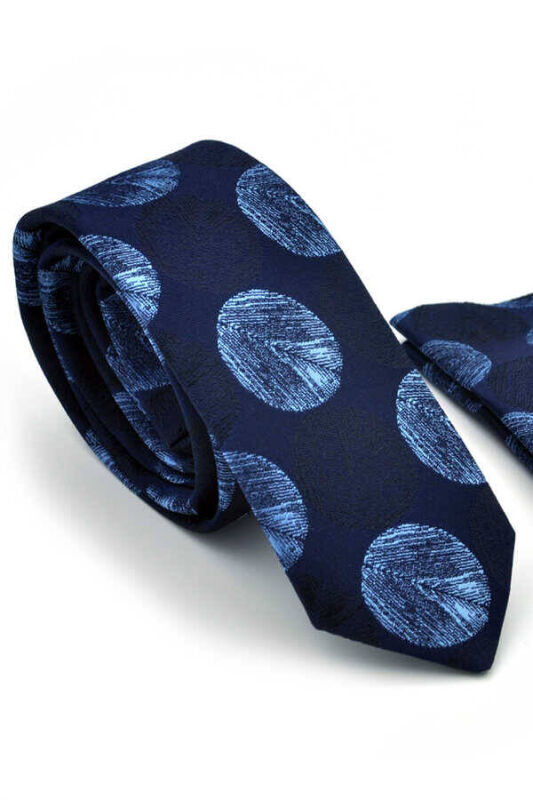 Mavi Puantiye Desenli Lacivert Dokuma Kumaş Mendilli Slim Fit Kravat / SDK-220706 - 1