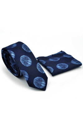 Mavi Puantiye Desenli Lacivert Dokuma Kumaş Mendilli Slim Fit Kravat / SDK-220706 - 2
