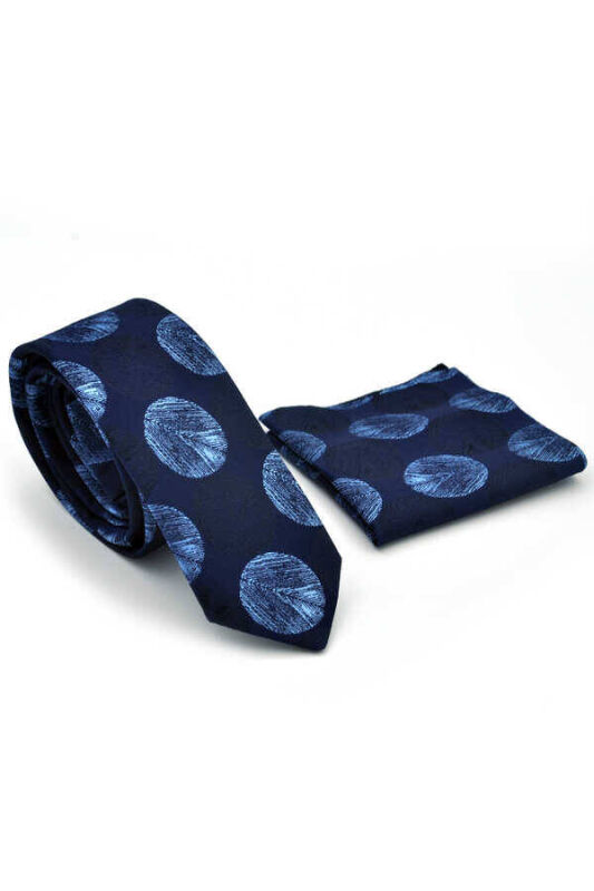Mavi Puantiye Desenli Lacivert Dokuma Kumaş Mendilli Slim Fit Kravat / SDK-220706 - 2