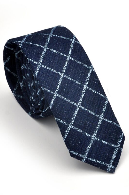 Mavi Kare ve Kırcıllı Desenli Lacivert Dokuma Kumaş Mendilli Slim Fit Kravat // SDK230912 - 1
