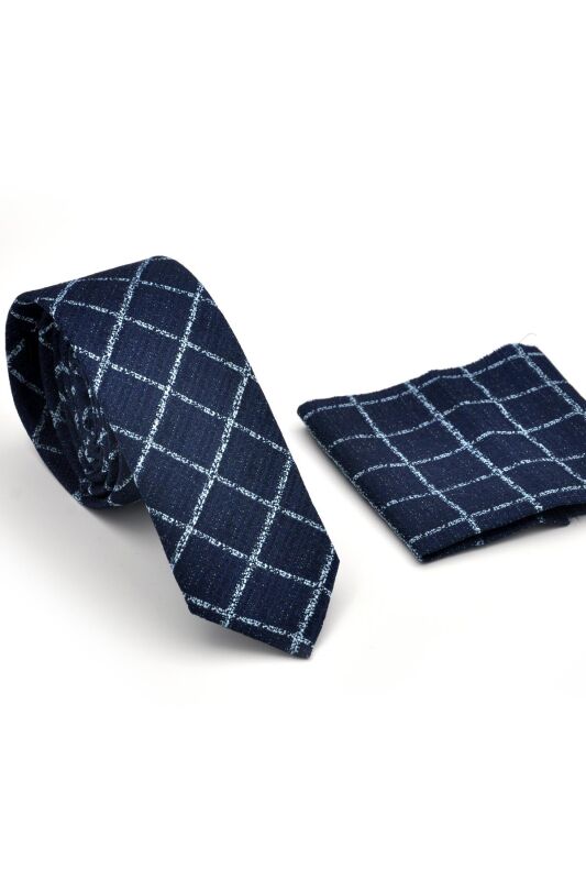 Mavi Kare ve Kırcıllı Desenli Lacivert Dokuma Kumaş Mendilli Slim Fit Kravat // SDK230912 - 2