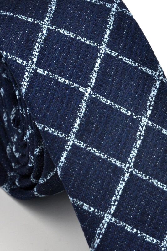 Mavi Kare ve Kırcıllı Desenli Lacivert Dokuma Kumaş Mendilli Slim Fit Kravat // SDK230912 - 3