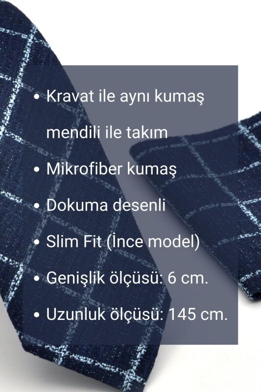 Mavi Kare ve Kırcıllı Desenli Lacivert Dokuma Kumaş Mendilli Slim Fit Kravat // SDK230912 - 4