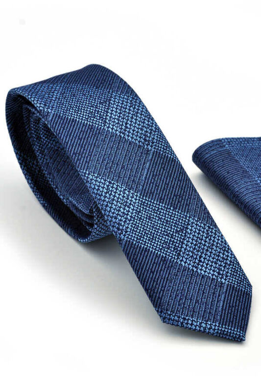 Mavi Lacivert Ekose Desenli Dokuma Kumaş Mendilli Slim Fit Kravat / SDK-220708 - 1