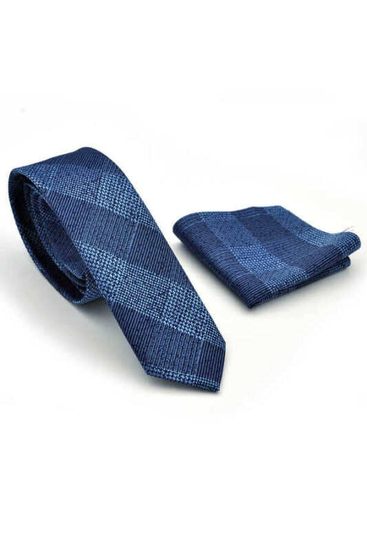 Mavi Lacivert Ekose Desenli Dokuma Kumaş Mendilli Slim Fit Kravat / SDK-220708 - 2