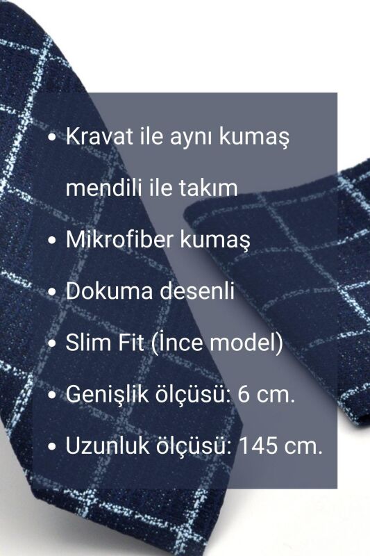 Mavi Lacivert Karışık Desenli Dokuma Kumaş Mendilli Slim Fit Kravat // SDK230907 - 4