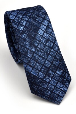 Mavi Lacivert Küp Desenli Dokuma Kumaş Mendilli Slim Fit Kravat // SDK230909 - 1