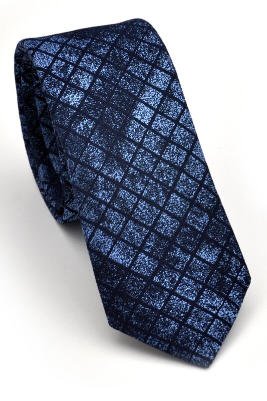 Mavi Lacivert Küp Desenli Dokuma Kumaş Mendilli Slim Fit Kravat // SDK230909 - 1