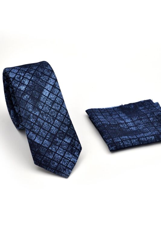 Mavi Lacivert Küp Desenli Dokuma Kumaş Mendilli Slim Fit Kravat // SDK230909 - 2