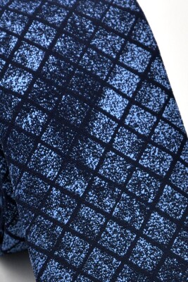 Mavi Lacivert Küp Desenli Dokuma Kumaş Mendilli Slim Fit Kravat // SDK230909 - 3