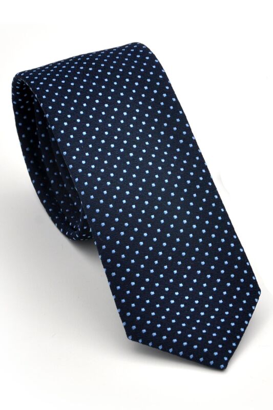 Mavi Noktalı Puantiye Desenli Lacivert Dokuma Kumaş Mendilli Slim Fit Kravat // SDK230915 - 1