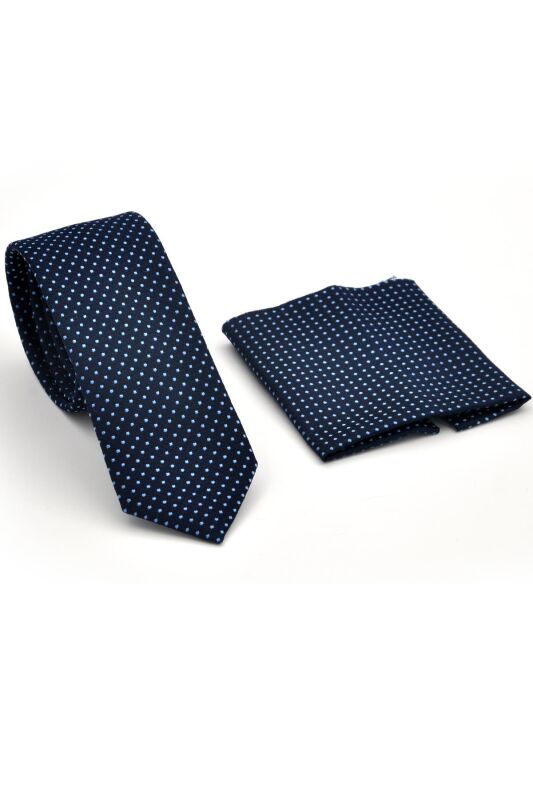 Mavi Noktalı Puantiye Desenli Lacivert Dokuma Kumaş Mendilli Slim Fit Kravat // SDK230915 - 2