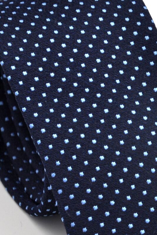 Mavi Noktalı Puantiye Desenli Lacivert Dokuma Kumaş Mendilli Slim Fit Kravat // SDK230915 - 3