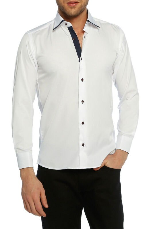 Micro Kumaş Kol Düğmeli Slim Fit Beyaz Erkek Gömlek - 200-1 Lacivert Kombinli - 1