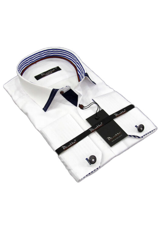 Micro Kumaş Kol Düğmeli Slim Fit Beyaz Erkek Gömlek - 200-1 Lacivert Kombinli - 1