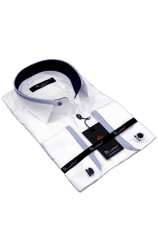 Micro Kumaş Kol Düğmeli Slim Fit Beyaz Erkek Gömlek - 200-3 Lacivert Kombinli - 1