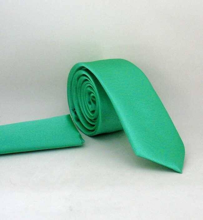 Mint Yeşili Slim Fit (ince) Düz Renk Mendilli Saten Kravat - SS-43 - 1