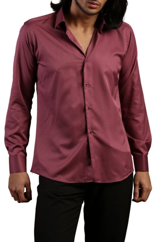 Mürdüm Dar Kesim Micro Kumaş Kol Düğmeli Slim Fit Erkek Gömlek - 201-23 - 2