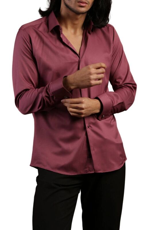 Mürdüm Dar Kesim Micro Kumaş Kol Düğmeli Slim Fit Erkek Gömlek - 201-23 - 3