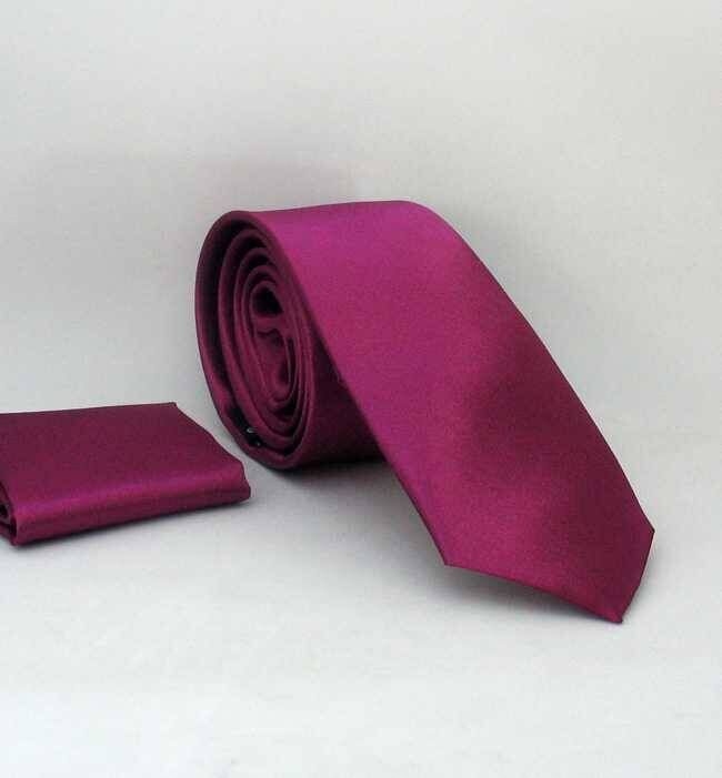 Mürdüm Slim Fit (ince) Düz Renk Mendilli Saten Kravat - SS-06 - 1