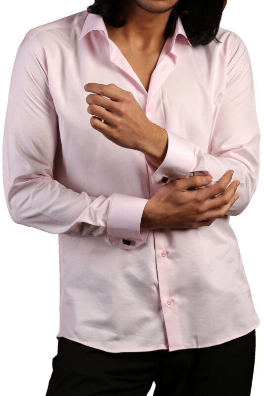 Pembe Dar Kesim Micro Kumaş Kol Düğmeli Slim Fit Erkek Gömlek - 201-2 - 1