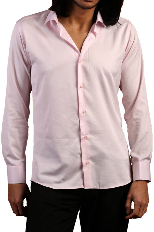 Pembe Dar Kesim Micro Kumaş Kol Düğmeli Slim Fit Erkek Gömlek - 201-2 - 2