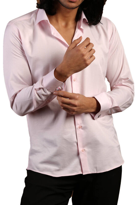 Pembe Dar Kesim Micro Kumaş Kol Düğmeli Slim Fit Erkek Gömlek - 201-2 - 3
