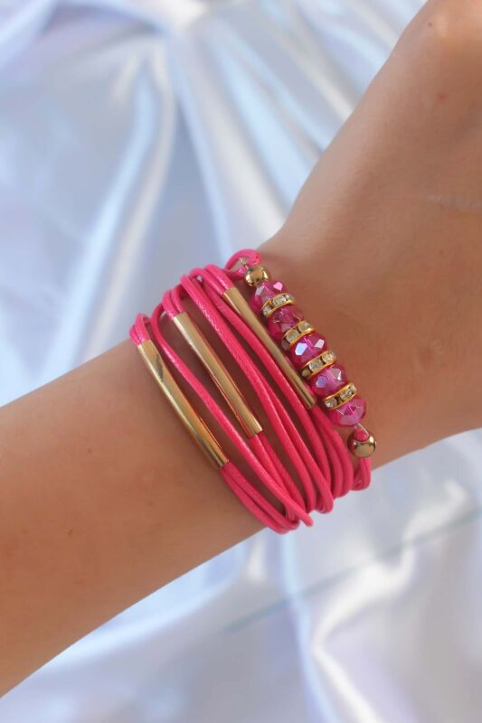 Pembe Renk Zirkon Taşlı Metal Aksesuarlı İpli Çoklu Bileklik - EBJ240928W28259 - 1